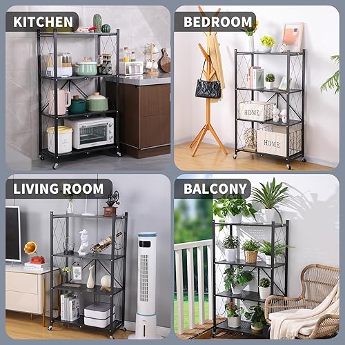 Miniatura 6 de JOYBOS Estantes de almacenamiento plegables de 5 niveles con ruedas, unidad de almacenamiento de metal resistente, estante utilitario sin montaje,