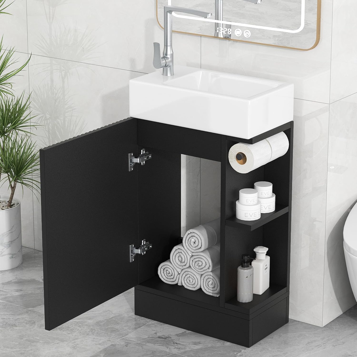 Interior view of the vanity cabinet with door open, showing storage space and side shelves