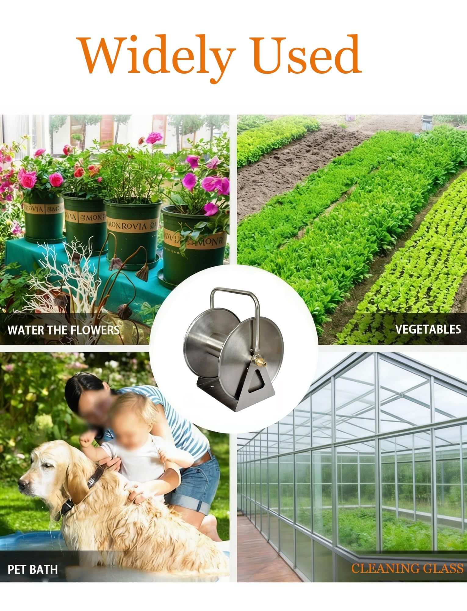 Avvolgitubo da giardino, supporto da parete in acciaio inox con capacità di 30 metri, include tubo di ingresso da 2 m e manovella per una facile irrigazione