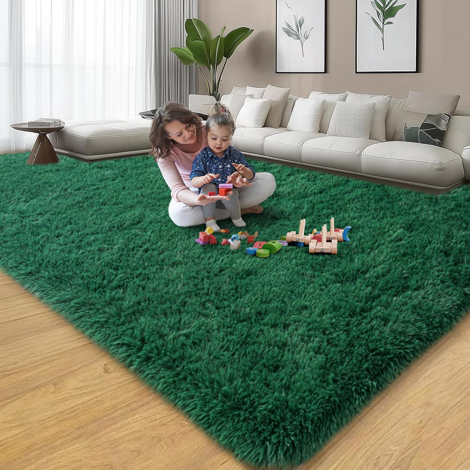 qulint 9x12 Area Rug for Living Room, Soft Shag Shaggy Large Rug for Bedroom Fluffy Green Carpet for Playroom, Plush Fuzzy Forest Alfombra for Dorm Kid Room Home Decor (9ft x 12ft, Dark Green)