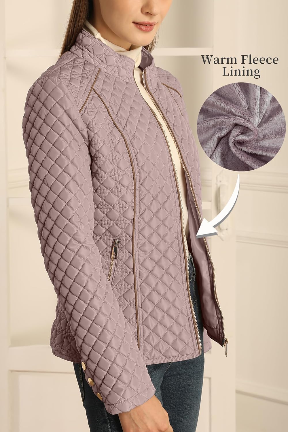 Bellivera Women's Stand Collar Lightweight Quilted Puffer Jacket Padded Zip Coat for Spring and Winter - Image 4