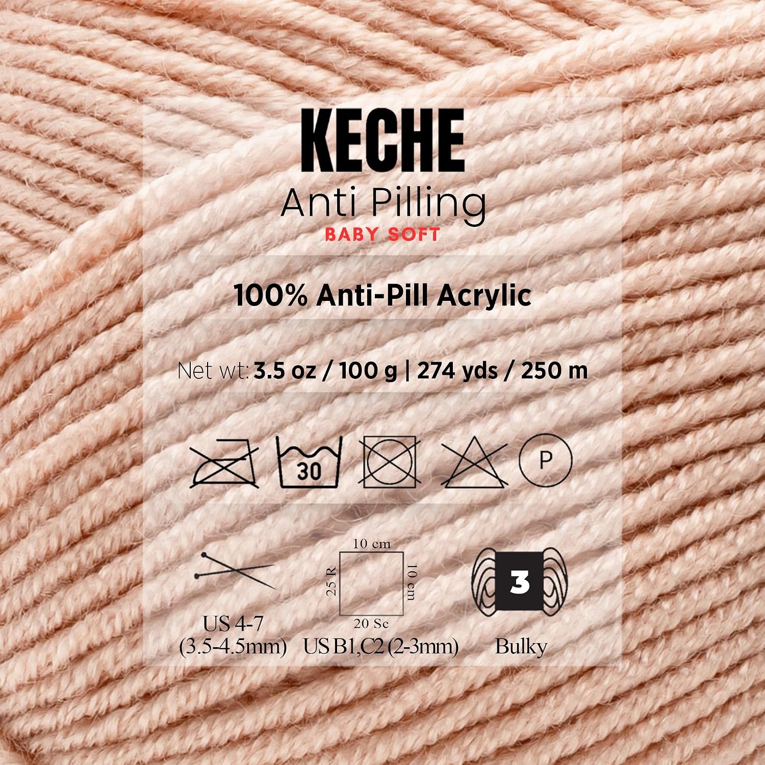 Soft DailyKnit DK Yarn, 100% Anti-Pilling Acrylic for Knitting Crocheting, Light Weight #3 (3.52 oz / 274 Yds) 3 Skeins - Nude Peach