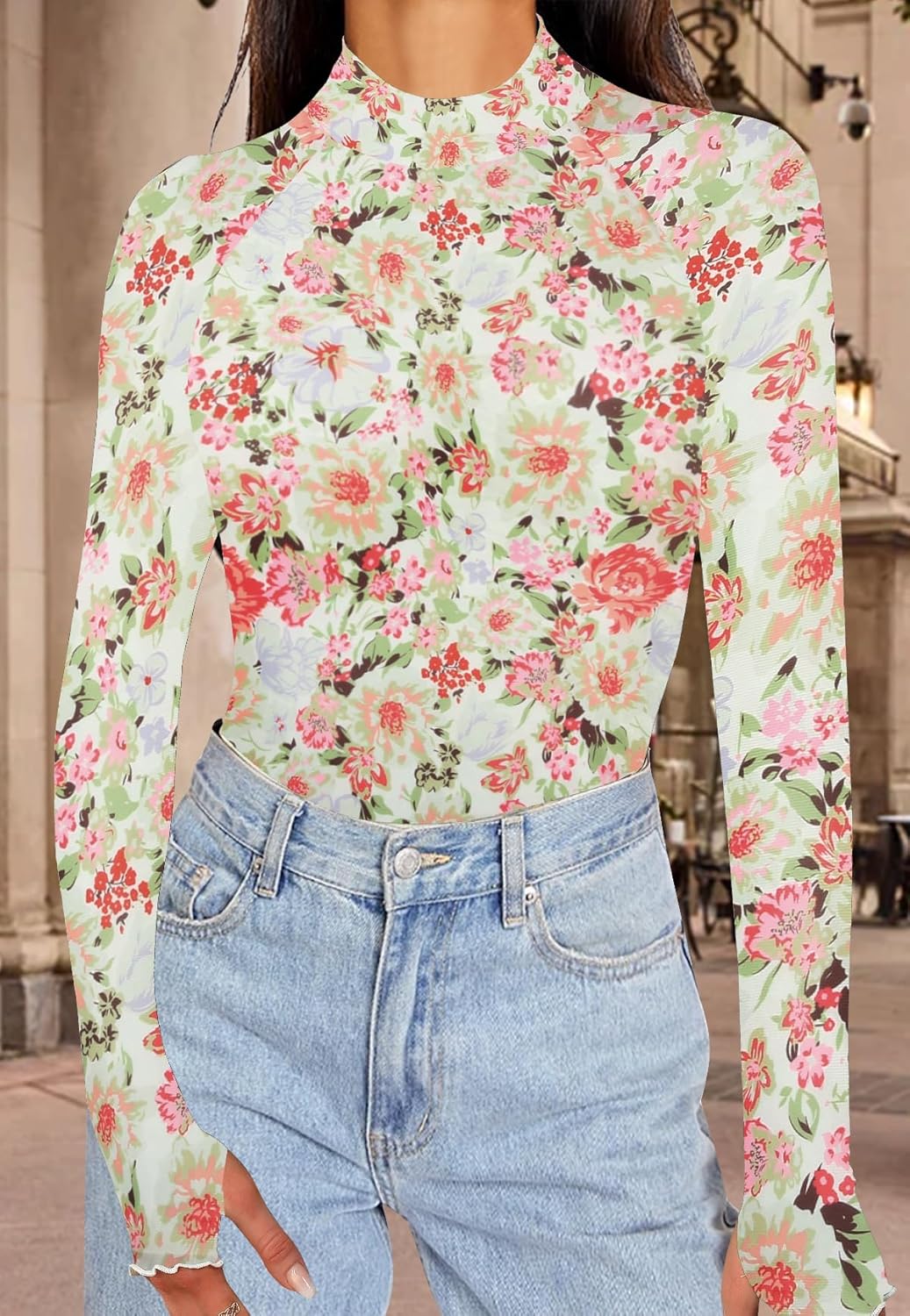 Aoulaydo Long Sleeve Floral Mesh Tops Mockneck Going Out Tops for Women Fashion Spring Outfits 2025 - Image 5