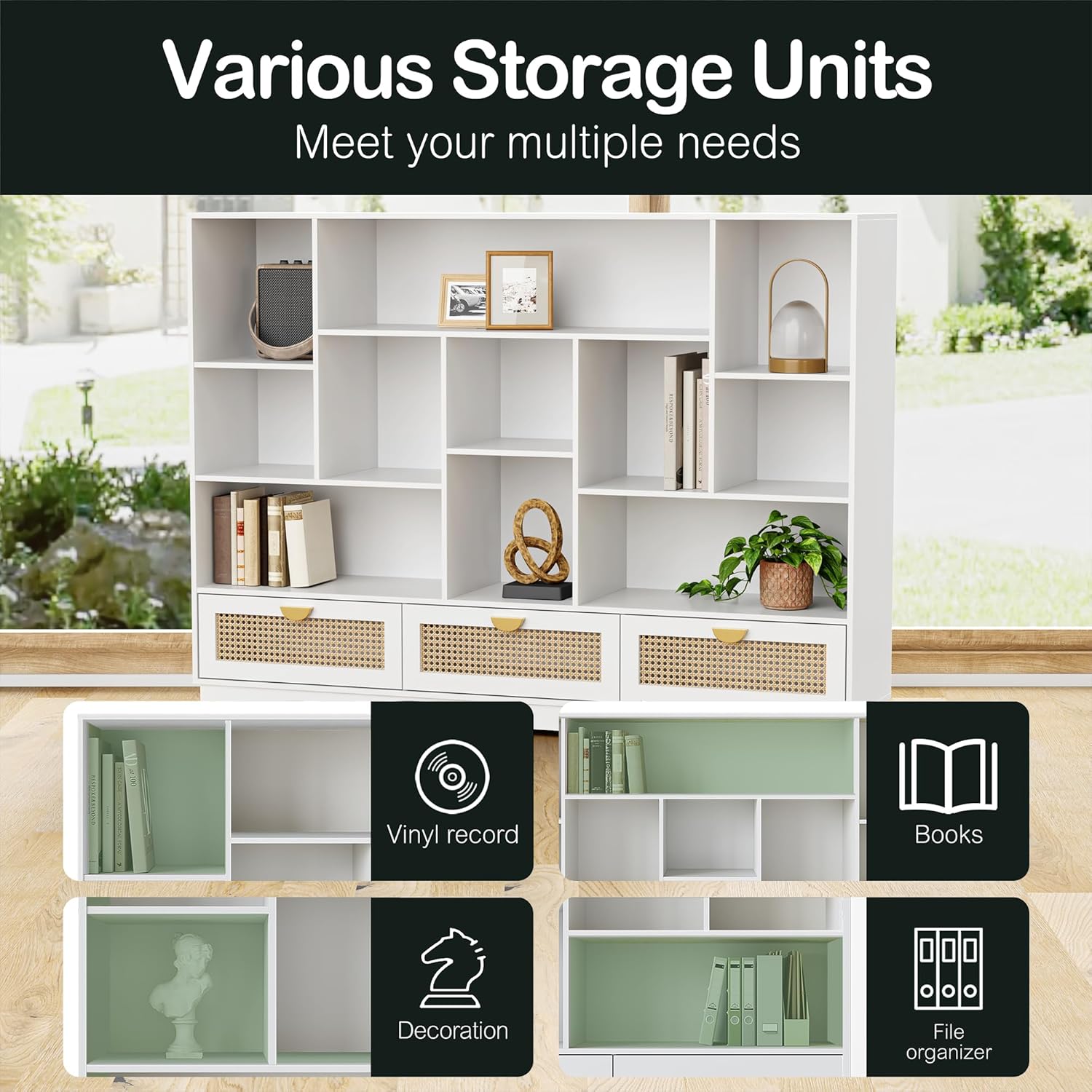 ModernMate F1 bookshelf with various items in its open cubes, including books, a vinyl record player, and decorative objects. Icons below show categories like vinyl record, books, decoration, and file organizer.