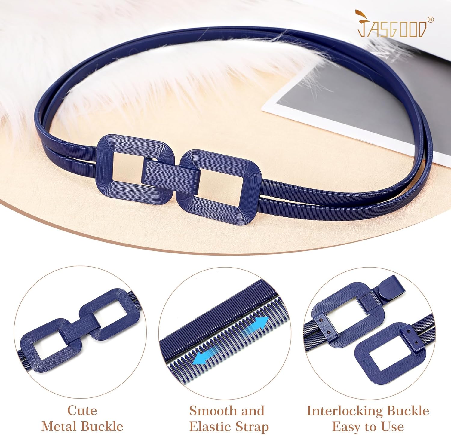 JASGOOD Skinny Metal Elastic Waist Belt for Women Stretch Thin Belt for Dresses - Image 3