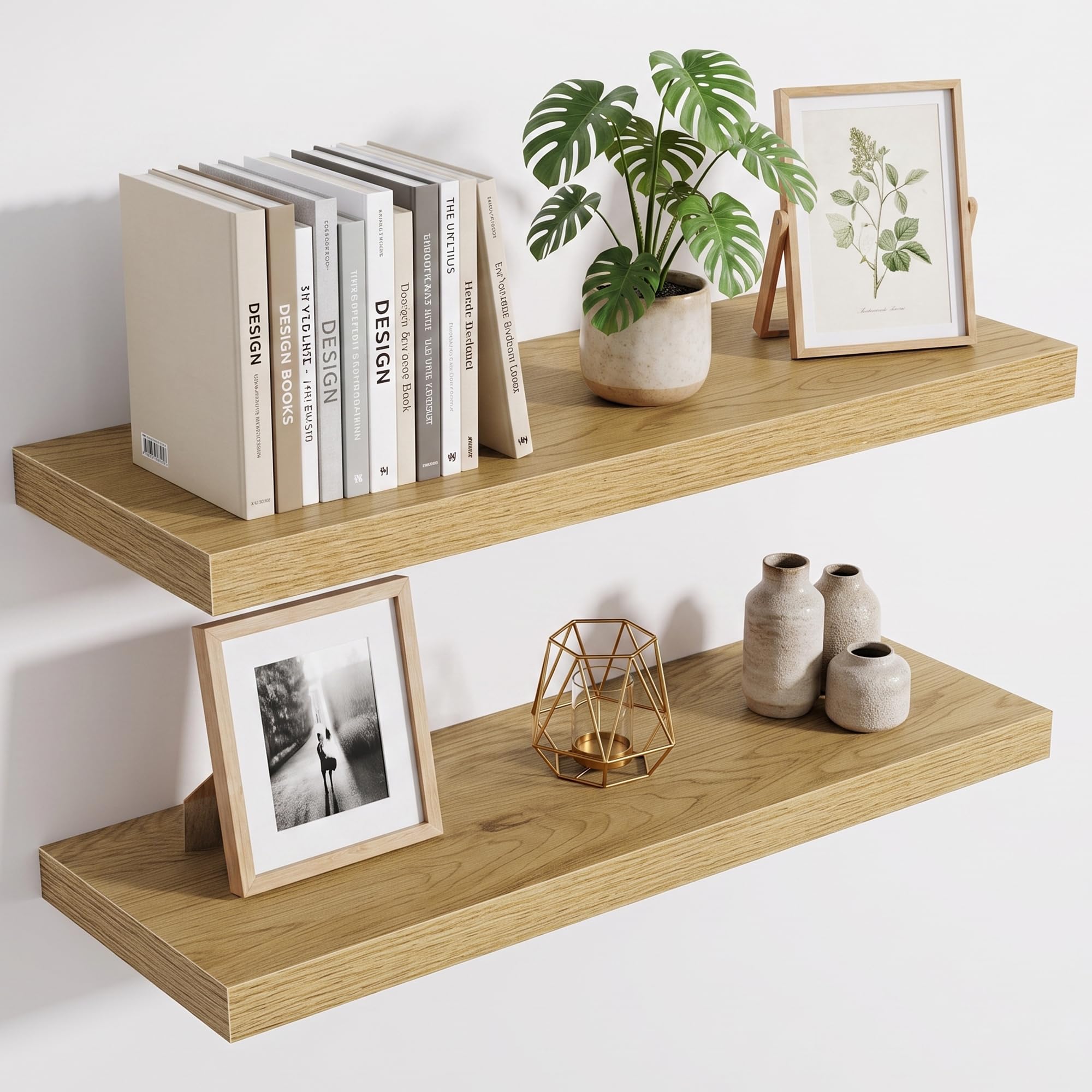Acovy 25cm Extra Deep Floating Shelves, 80cm Long Wooden Wall Mounted Shelf, Wall Shelves for Living Room Bathroom Bedroom Kitchen, Oak, Set of 2