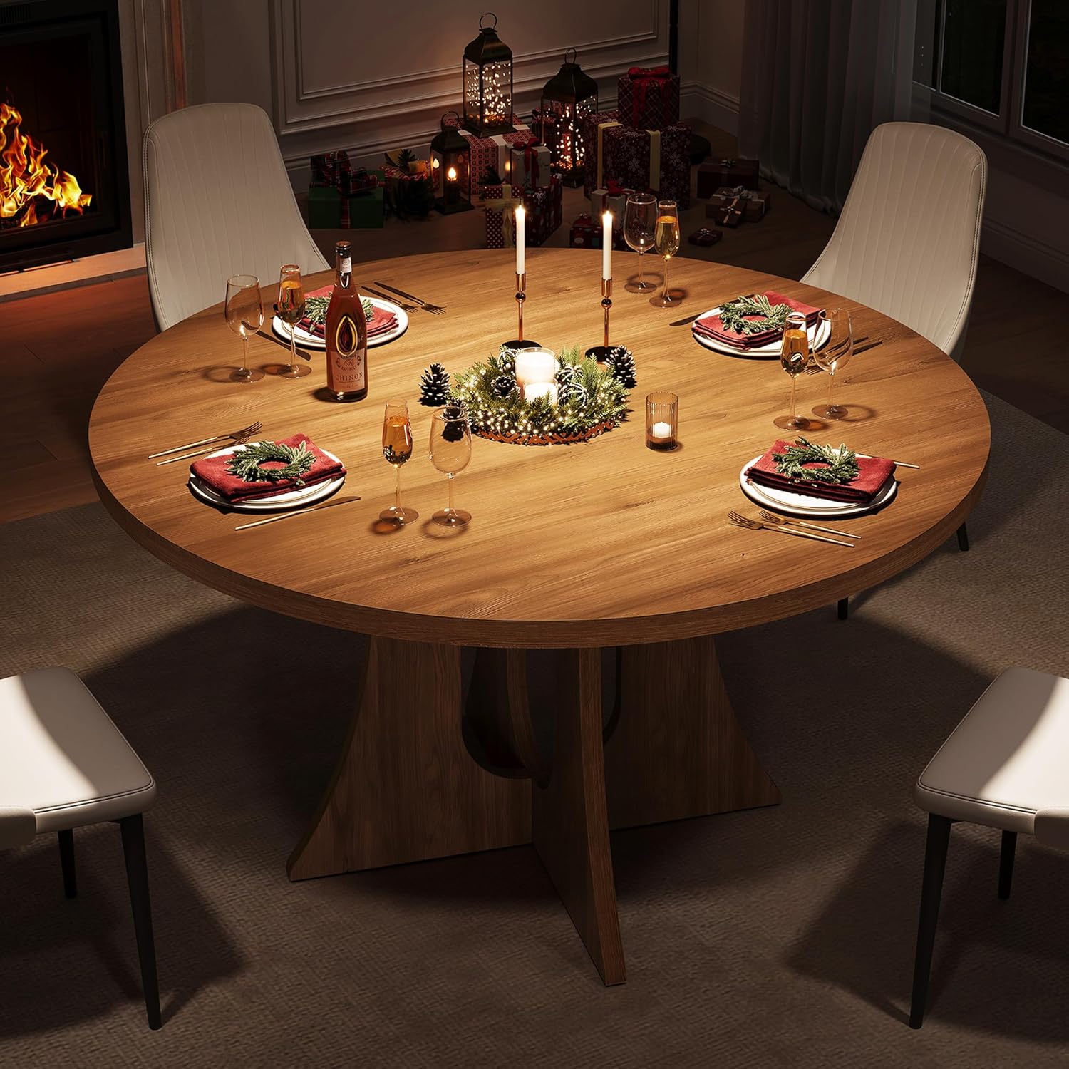 Round Dining Table for 4-6 People, 43.3 Inch Circle Kitchen Table with Sturdy Legs & Adjustable Foot Pads, Modern Farmhouse Dinner Table for Dining Room and Apartment, Walnut