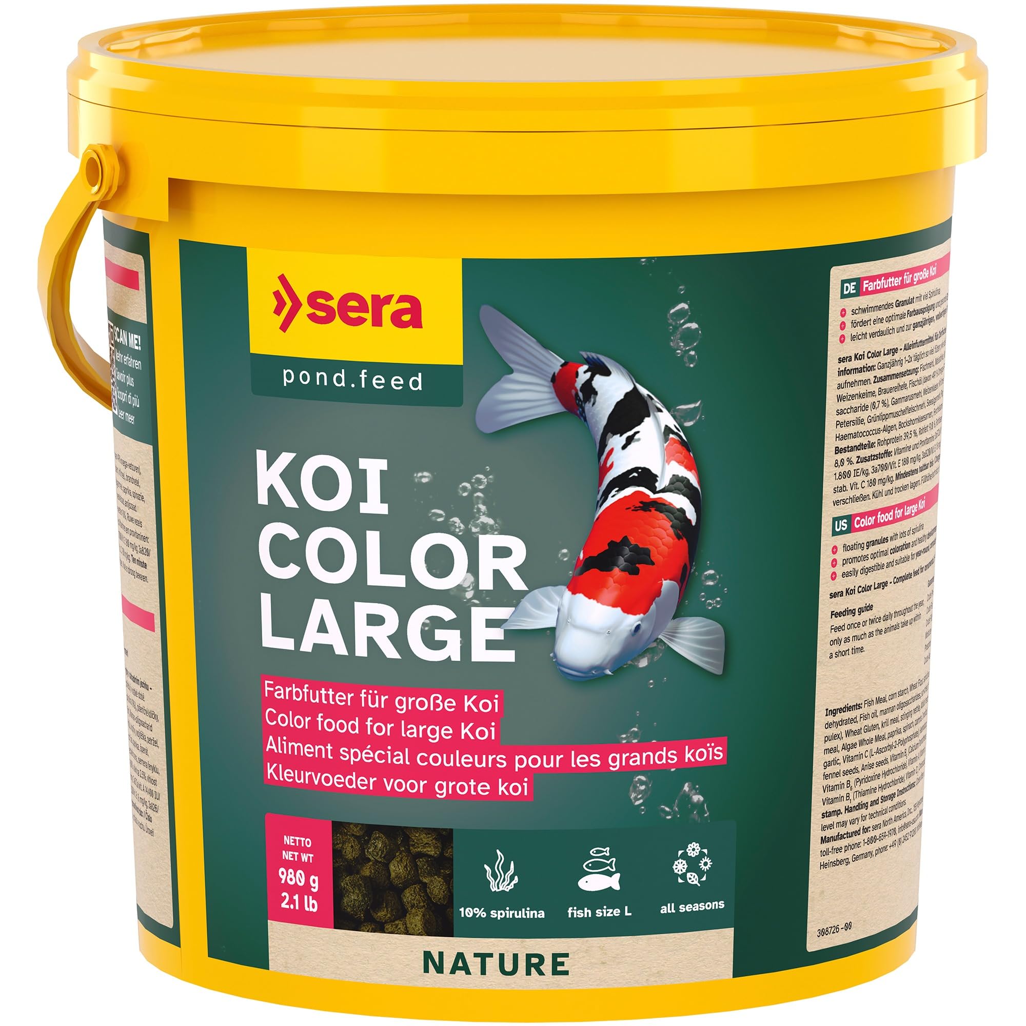 sera koi Color Large 3,8 L 980 g | alimento Natural Que Potencia los Colores, para una Vida Larga y Unos Colores vistosos de los Kois a Partir de 25 cm | granulado Flotante