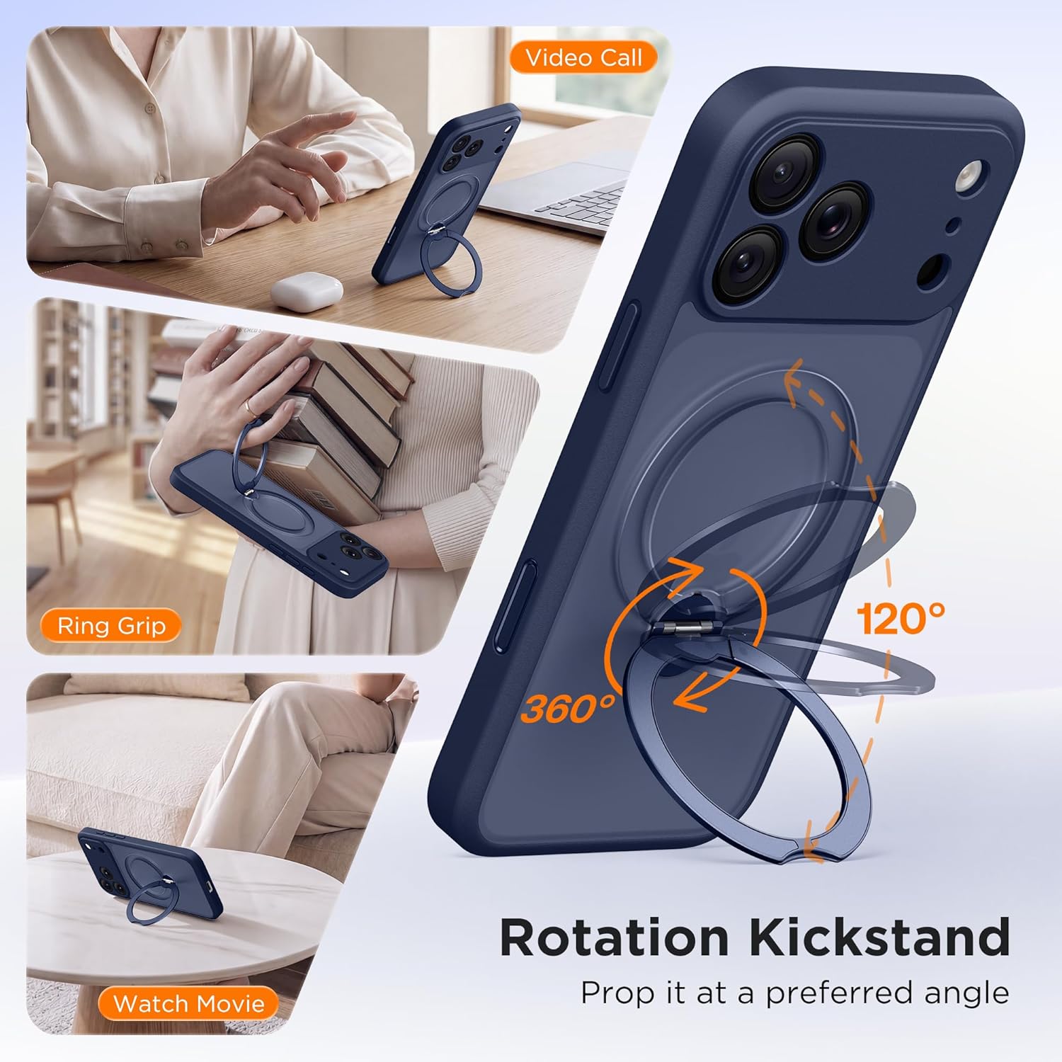 GolbinBox 360° Spin Magnetic Stand for iPhone 17 Pro Case, [Compatible with MagSafe] [Full Camera Protection] [16FT Military Drop Protection], Slim Translucent Matte Phone Case, Deep Blue