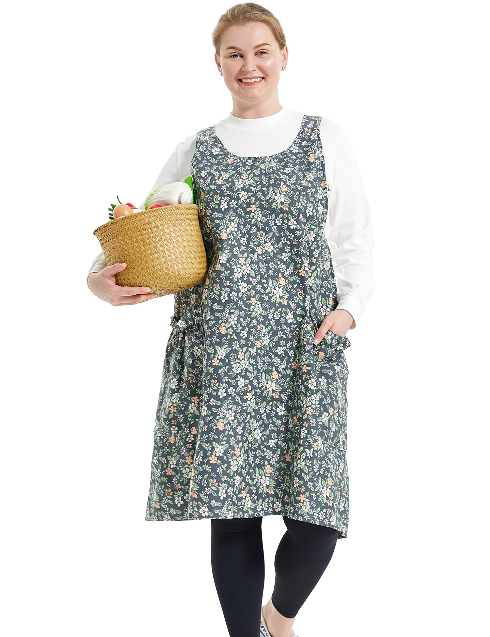 Big Plus Size Aprons for Women with Pockets Cotton Linen Baking Kitchen Cooking, Pastoral Style, Large