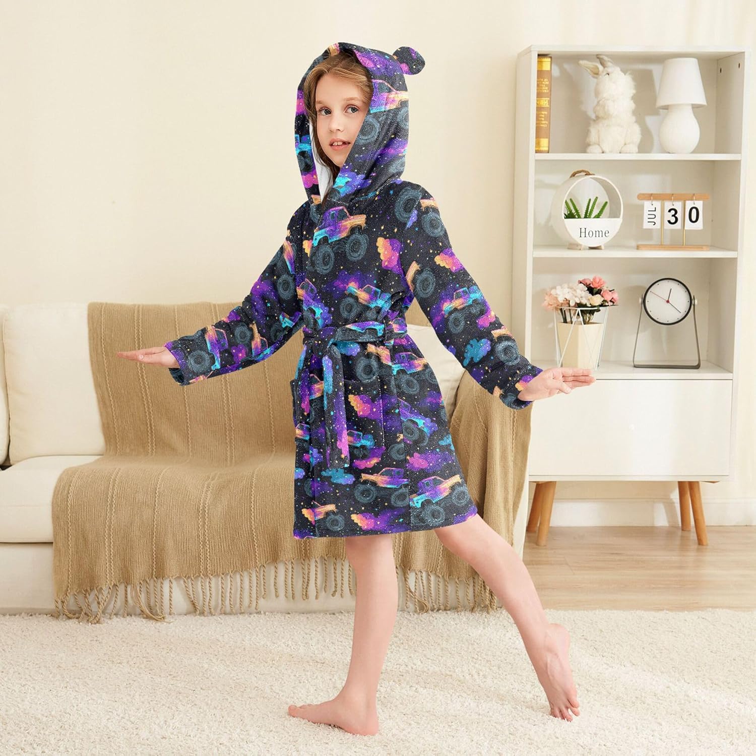 Monster Truck Galaxy Stars Bathrobe Hooded PJ Robe Soft Fleece Robe Sleepwear 2-12 Years