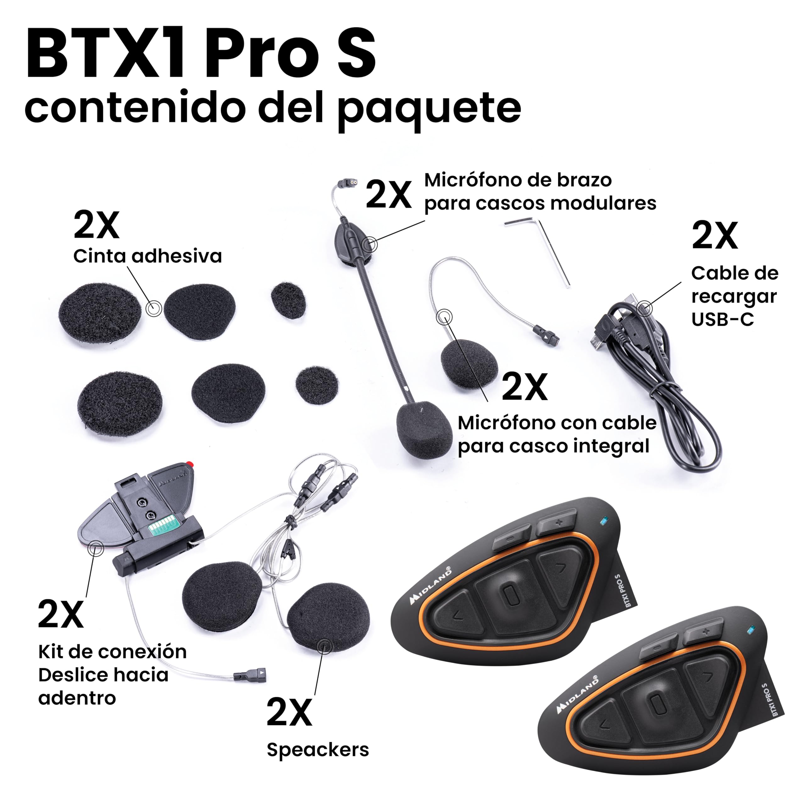 Midland - Intercomunicador Casco Moto Bluetooth Par de BTX1 Pro S Twin, Auriculares Moto Inalámbricos Bluetooth Impermeables IPX6 con Cobertura 800m - Batería 23H, Cancelación Ruido, Radio FM vía App