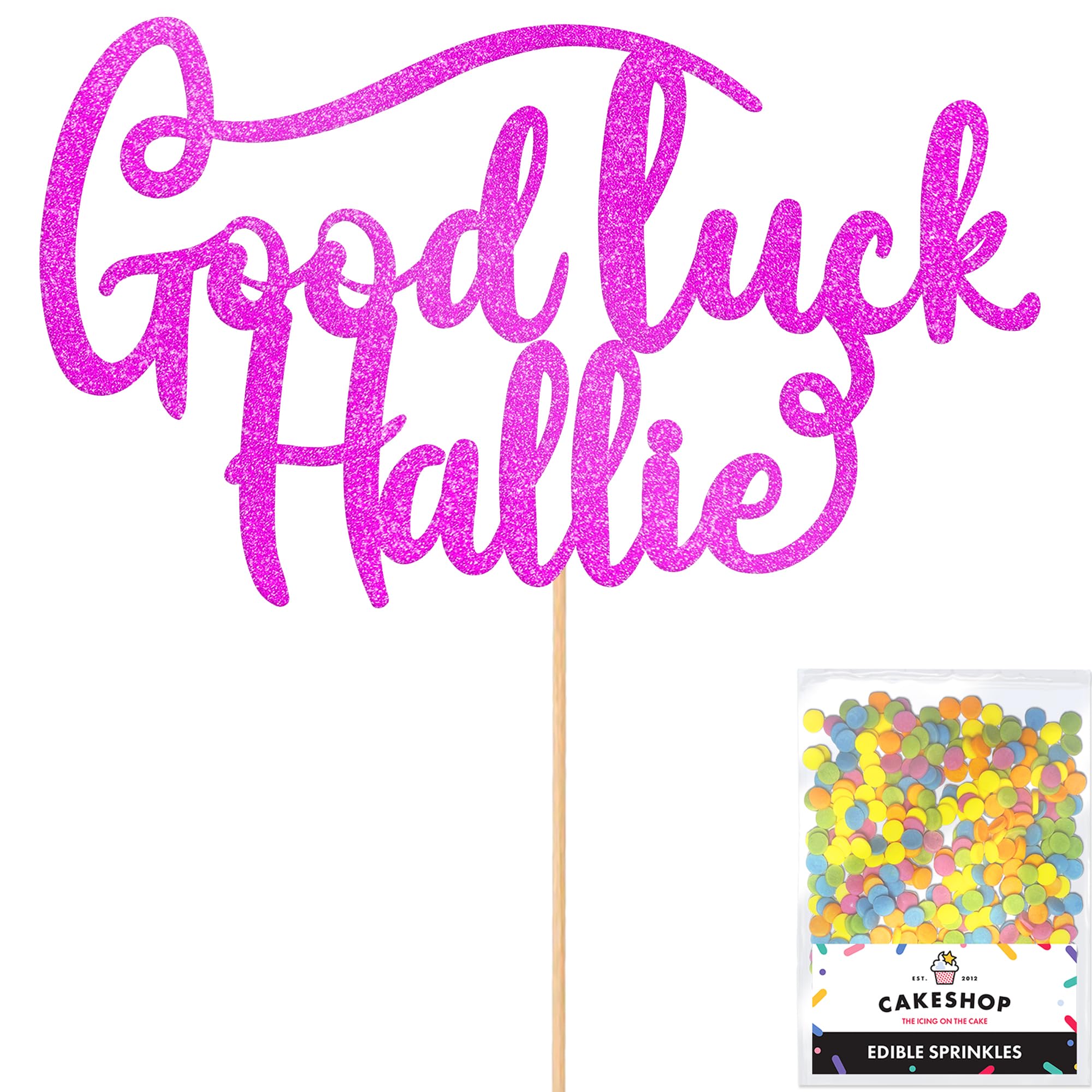 Cakeshop Personalised Good Luck Glitter Cake Topper With Sprinkles - Pink Custom Colour - Any Name - Double-Sided Glitter Card Cake Decoration - Custom Toppers for Cakes
