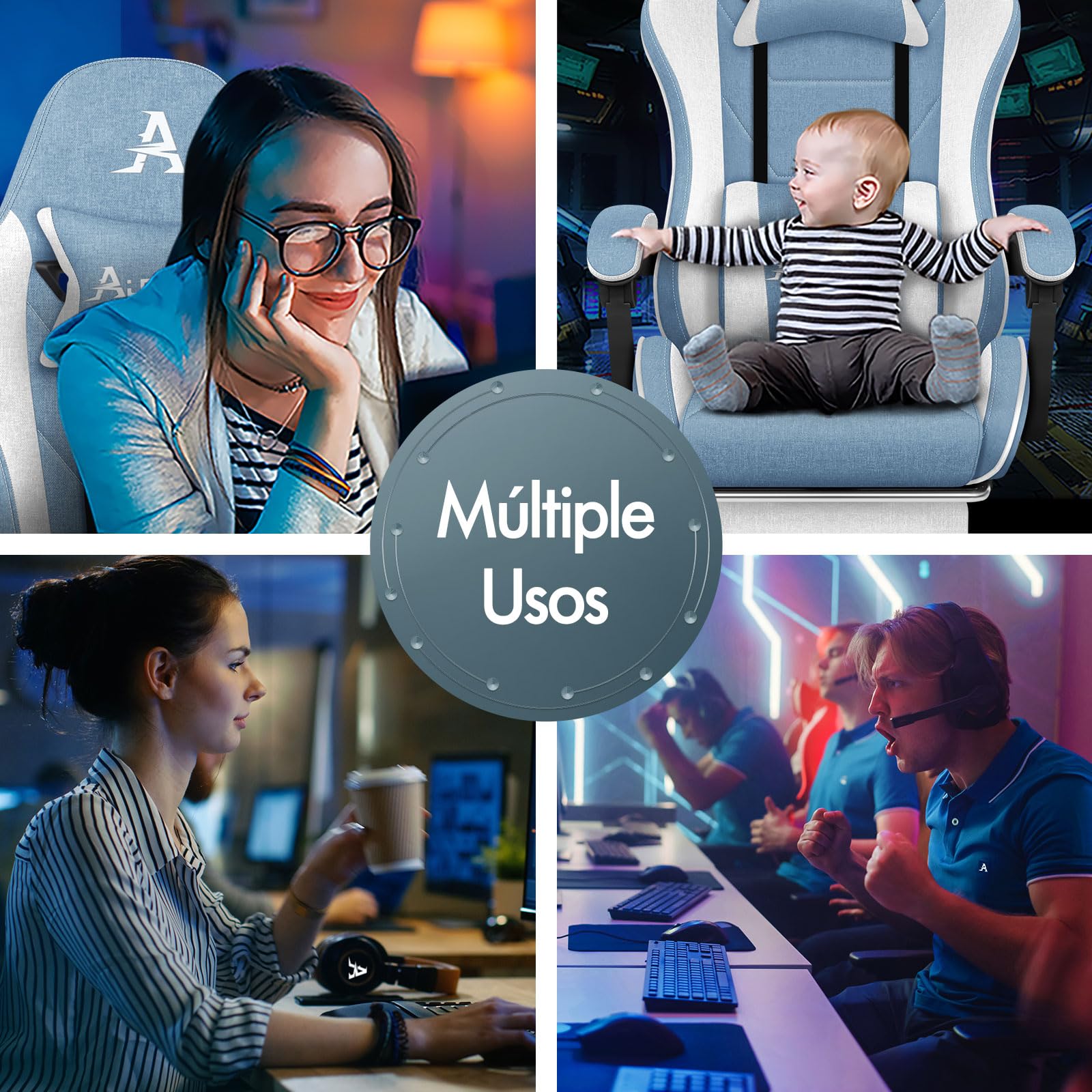 ALFORDSON Silla Gaming Ergonómica con Masaje, Silla Gamer de Oficina con Lumbar Massaggiante, Reposapiés Retráctil,Altura Ajustable,Reclinable 150°,Asiento Cómodo,Soporta 180 kg, Lino(Azul y Blanca)