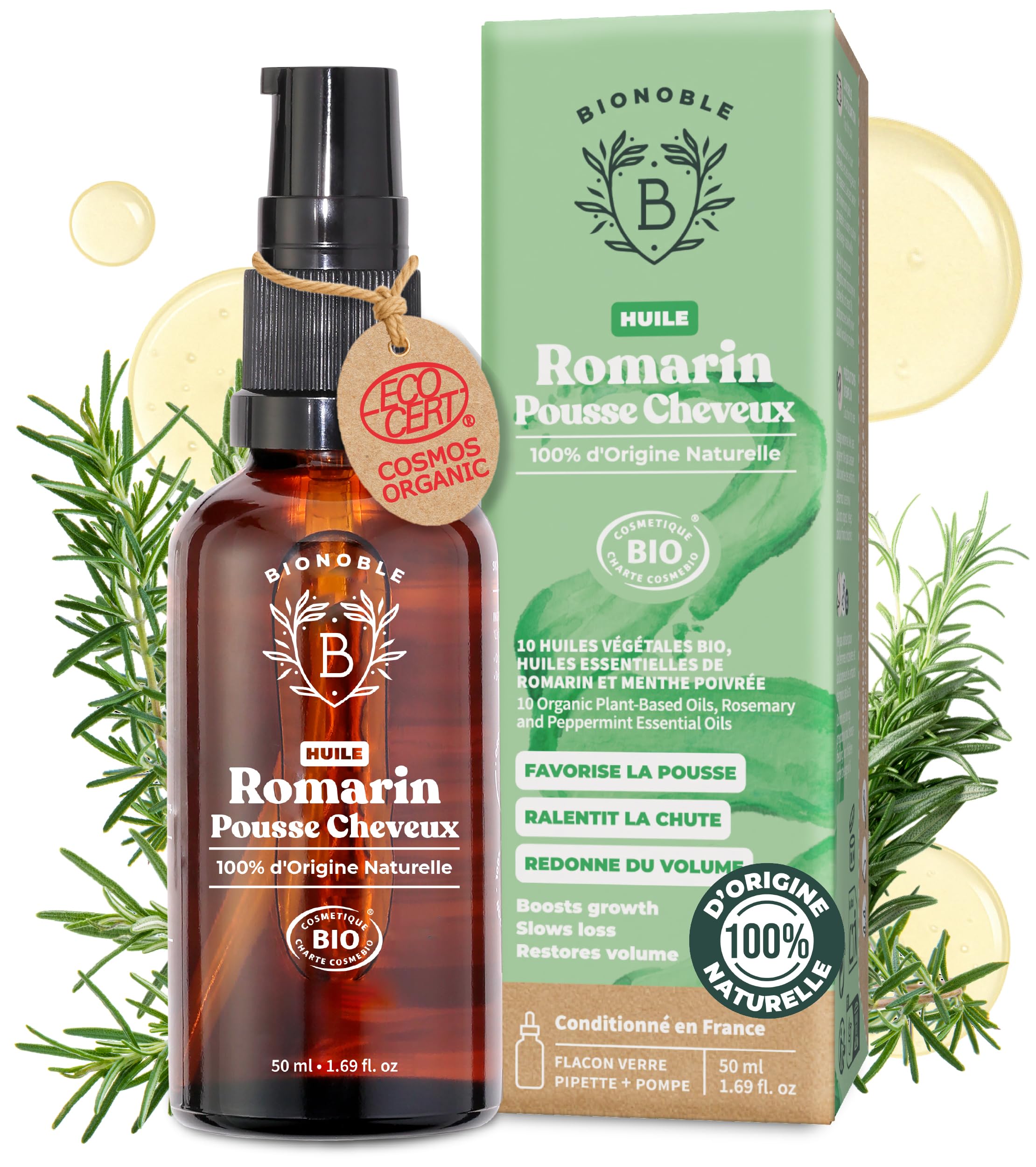 BIONOBLE Huile de Romarin pour Cheveux Bio - Favorise la Pousse et Ralentit la Chute - Huile Romarin Cheveux, Ricin, Argan, Jojoba - Rosemary Oil for Hair Growth - Flacon Verre, Pipette, Pompe - 50ml