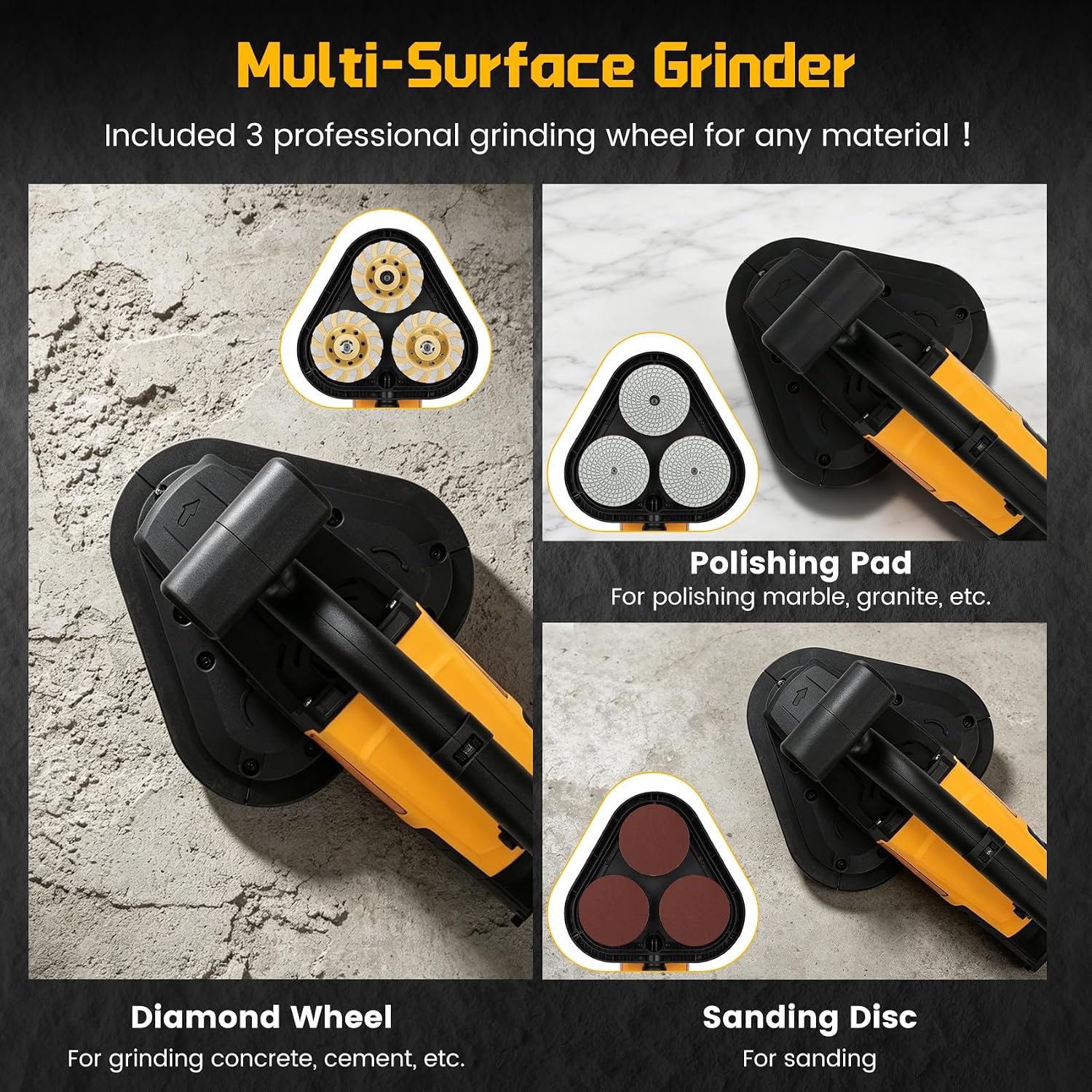 3-Head Concrete Floor Grinder with Handle & Auxiliary, Caster 3800W 0-6000RPM Electric Diamond Polisher Machine with Dust Shield for Grinding Concrete Cement Marble Granite Epoxy