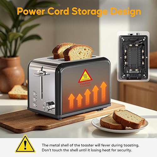 Miniatura 4 de HealSmart Tostadora de acero inoxidable de 2 rebanadas, 6 ajustes de tostado y tostadora de 3 funciones, ranura extra ancha y bandeja extraíble para