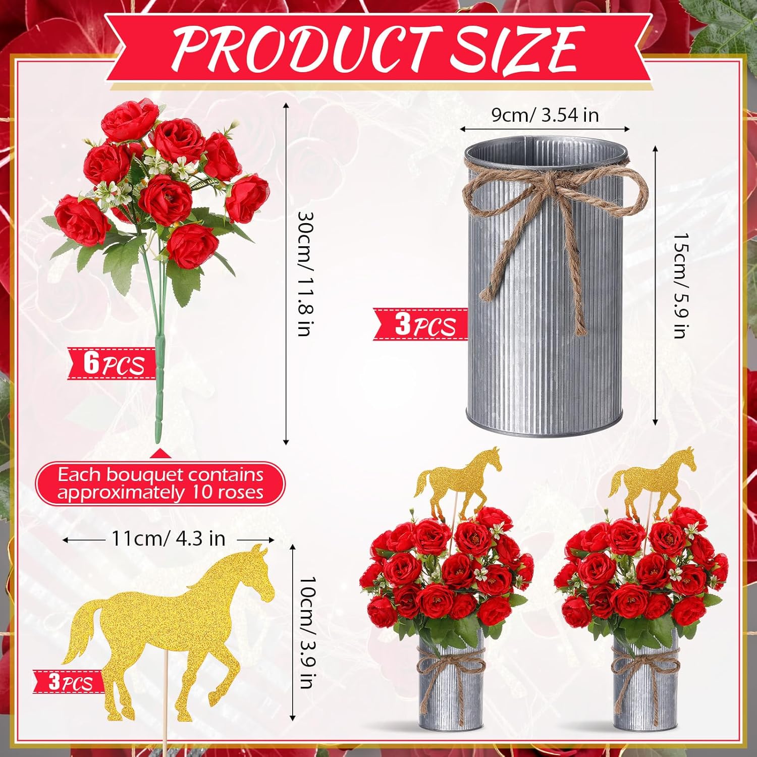 12 Pcs Derby Day Horse Party Decorations Roses Centerpiece with Horse Racing Centerpiece Sticks, Simulated Iron Flower Pots, Artificial Rose for Derby Day Racing Birthday Party Supplies