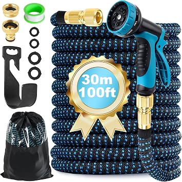 Expandable Garden Hose Pipe 30m 100ft, Expanding Hosepipes for Garden Water Hose with 1/2" 3/4" Connectors, 10 Function Spray Gun, Holder, Flexible Retractable Magic Hoses for Gardening Car Washing