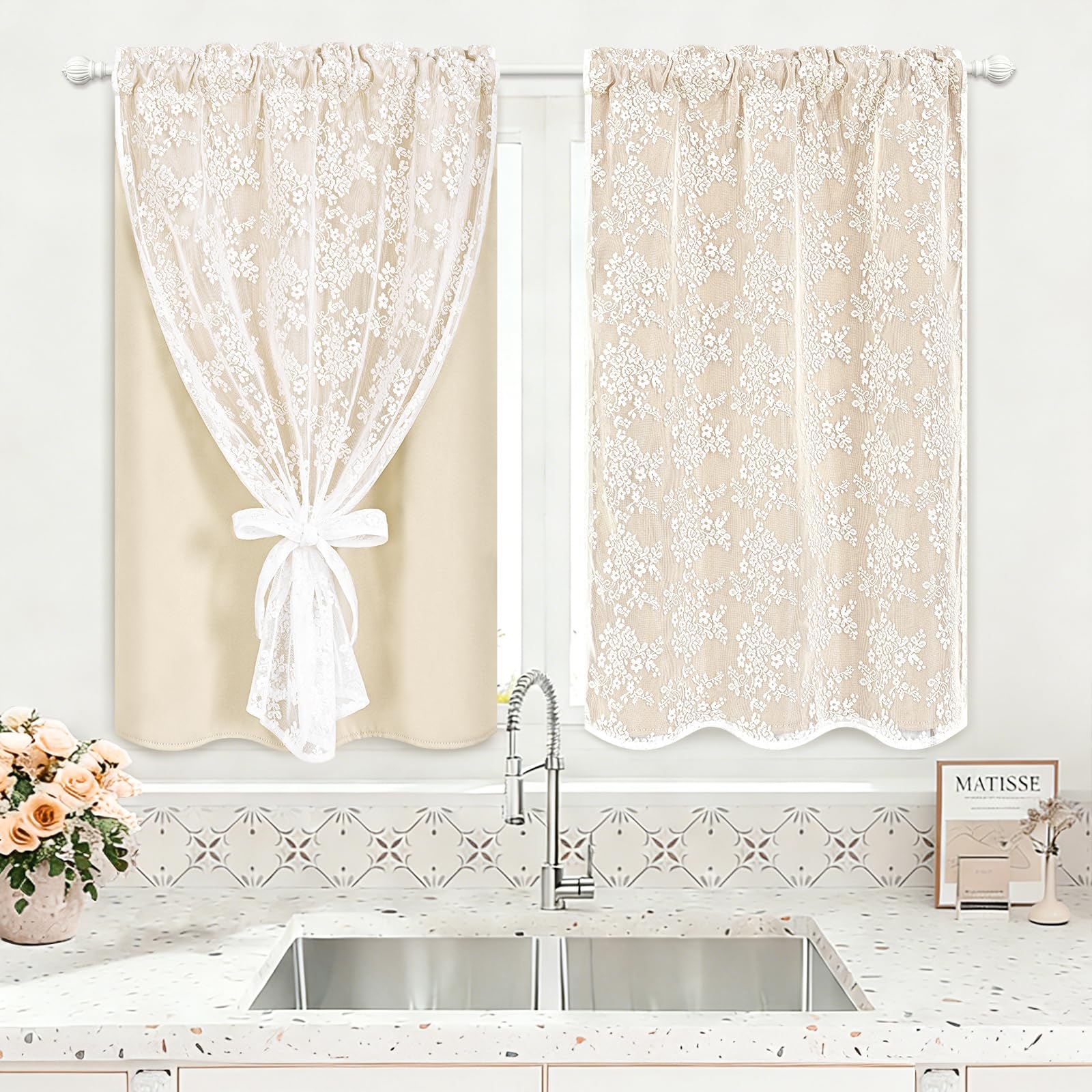 Yinhua Beige Kitchen Curtains 36 Inch Length Double Layer