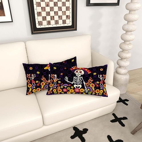 Miniatura 4 de Juego de 2 fundas de almohada del Día de los Muertos Dia De Los Muertos Calavera de Azúcar Flor de 12 x 20 pulgadas, Juego de 2 fundas de almohada