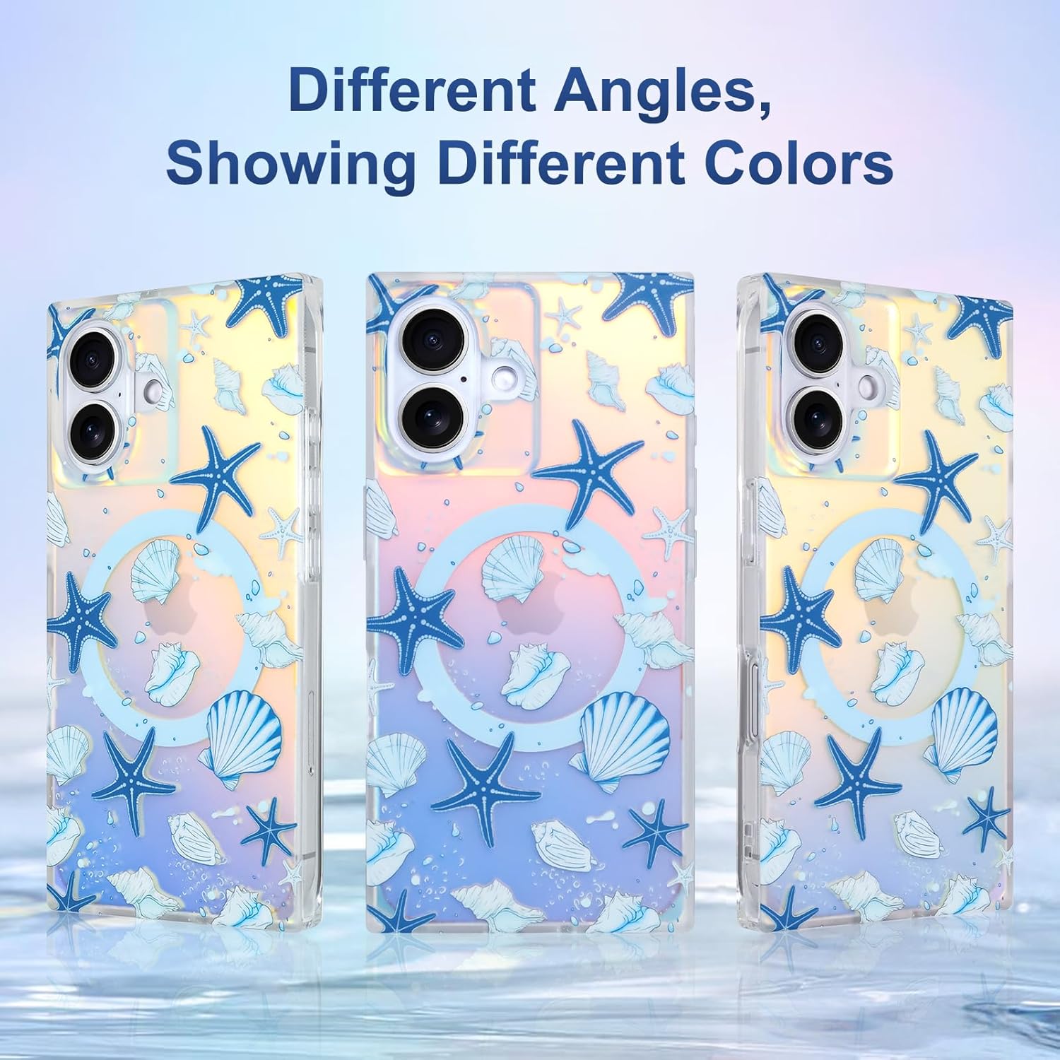 KANGHAR Iridescent Case Compatble with iPhone 16 Magnetic Compatible with MagSafe Rainbow Seahell Starfish Design Anti-Scratch Shockproof Bumper Protective Cover