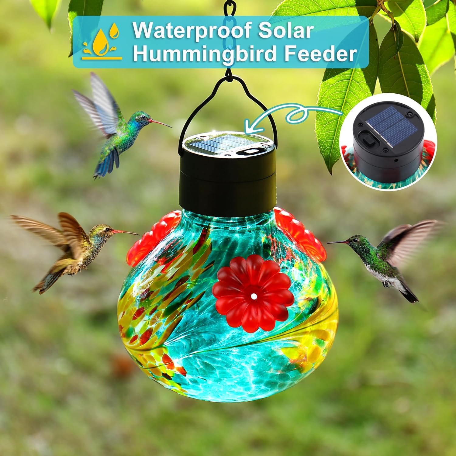 SAVENNA Hand Blown Glass Solar Hummingbird Feeder with Soft Night Light,17oz Leak-Proof Decorative Feeder for Outdoor Garden Patio Yard–Teal & Yellow Phoenix Swirl