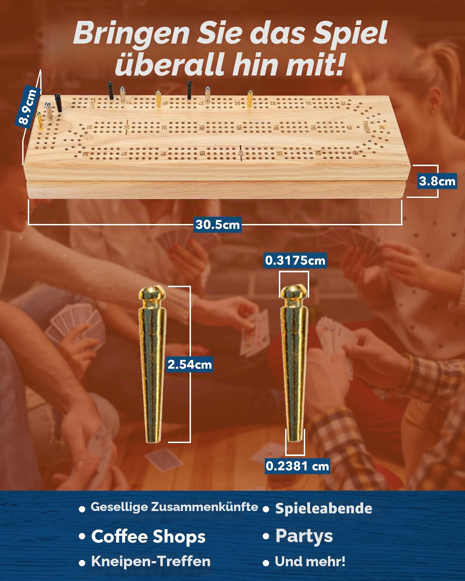 WE Games Cribbage-Set, Massivholz | Game for 2 Players - Traditional Pub Game