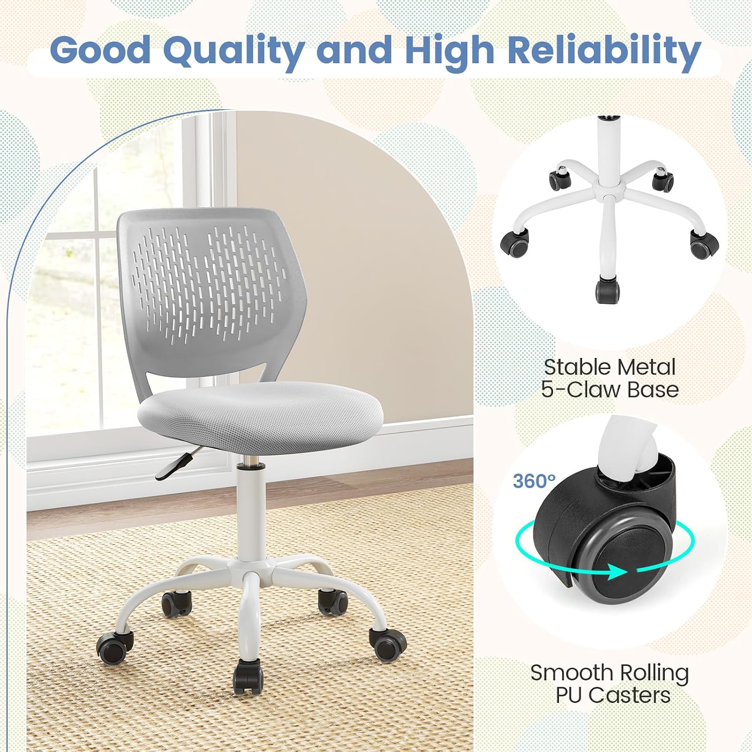 Giantex Kids Desk Chair, Children Armless Study Furniture with Adjustable Height, Ergonomic Kids Office Seat with Wheels, Rolling Swivel Mesh Task Chair for Girls Boys Teens (Grey)