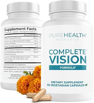 PUREHEALTH RESEARCH Complete Vision Formula - Eye Vitamins | Lutein and Zeaxanthin Mineral Supplements for Men & Women - with Eyebright Herb, Zinc, Copper, Bilberry & More - 60 Capsules