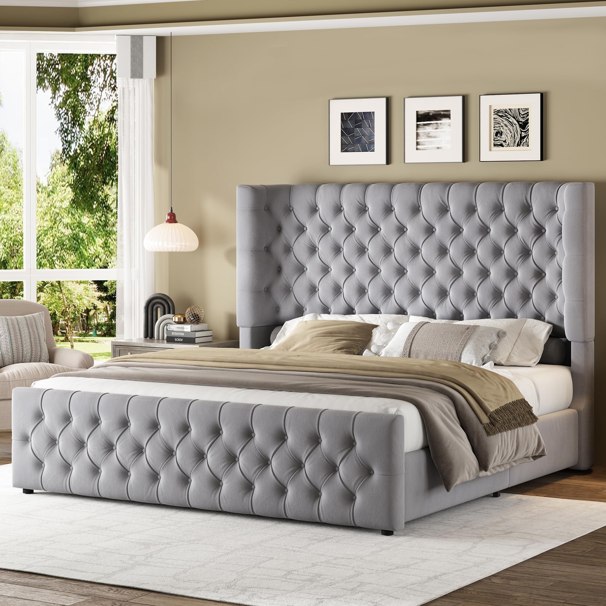 Jocisland Queen Bed Frame Velvet Upholstered Wingback
