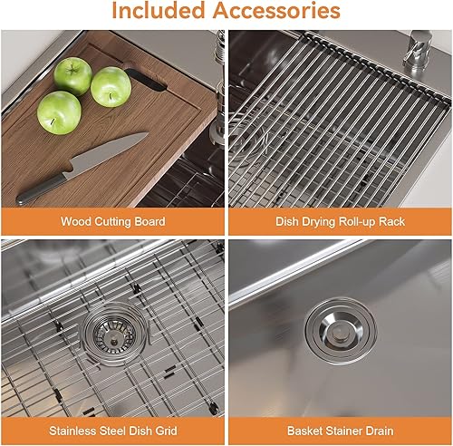 Miniatura 9 de HOROW Fregadero de cocina con estación de trabajo de 33 pulgadas, fregadero de cocina de calibre 18 para cocina, fregadero de acero inoxidable 304