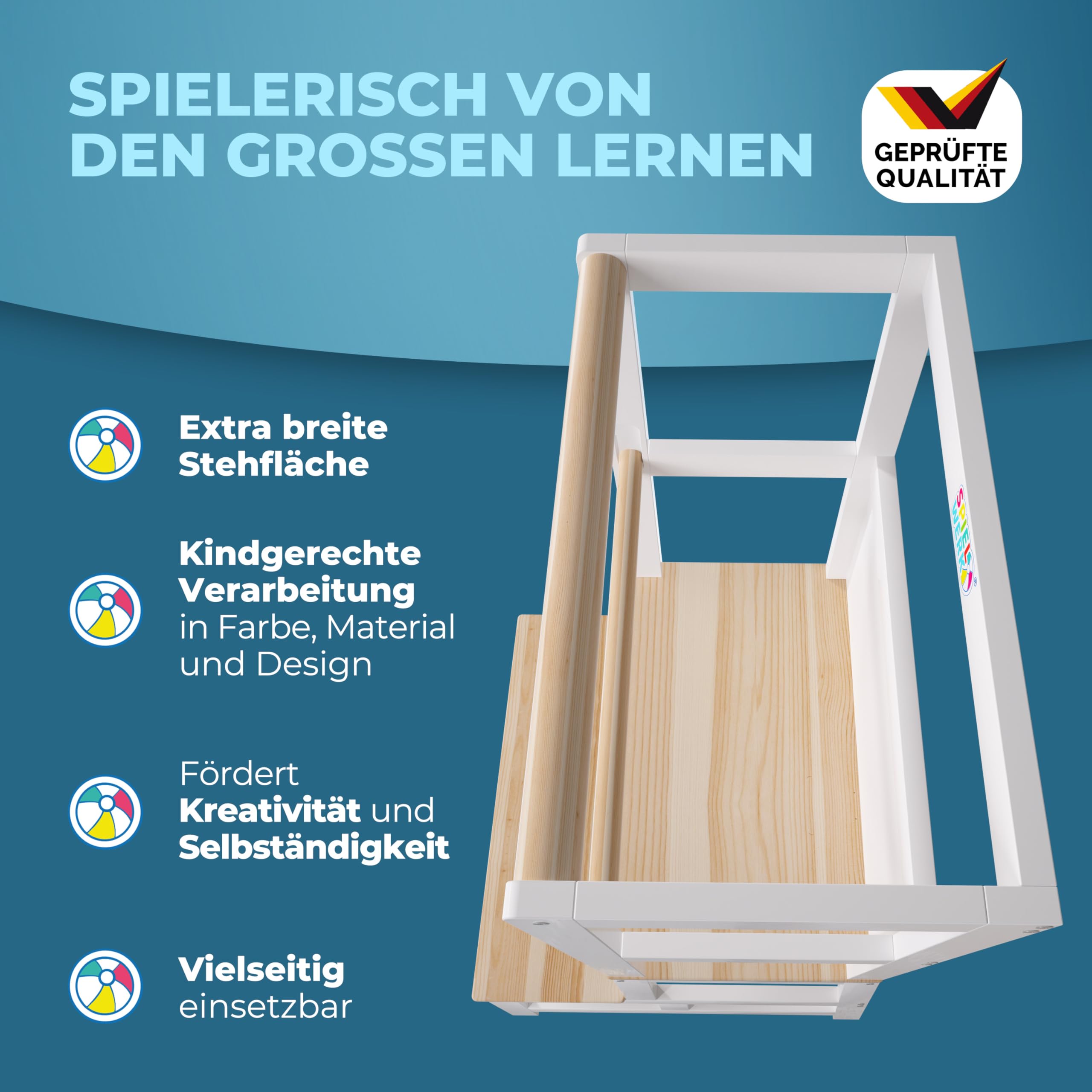 Spielwerk® Lernturm ab 2 Jahren Kinder mit Tafel Montessori 93cm Hoch Learning Tower 100kg Belastbar Trittschemel Kiefer Lernstuhl Küche Weiß Holz