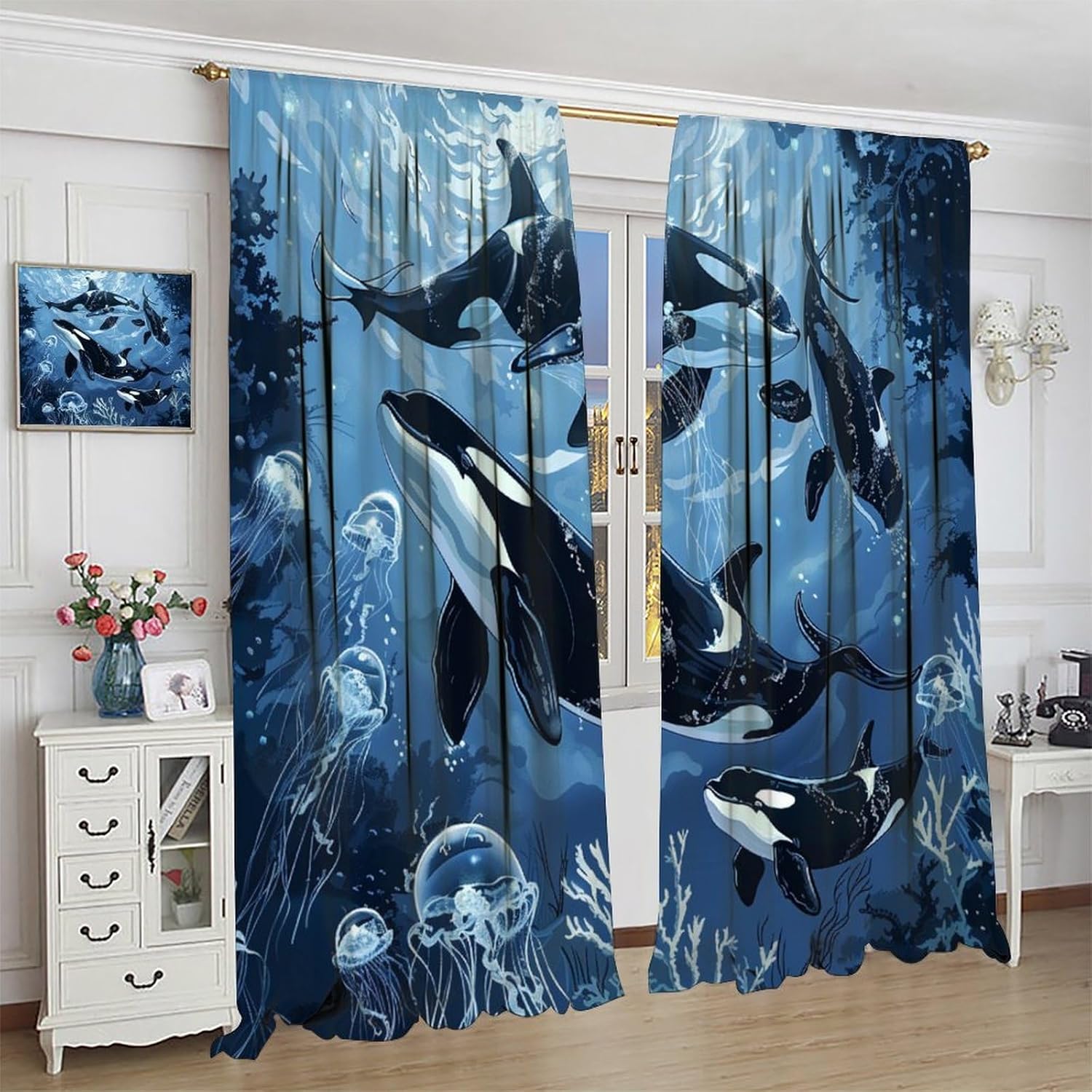 Nature Orca Jellyfish Blackout Curtains for Bedroom/Living Room, Undersea Marine Animal Curtains Rod Pocket Thermal Insulated Window Drapes, 2 Panels/Each 21" W x 63" L