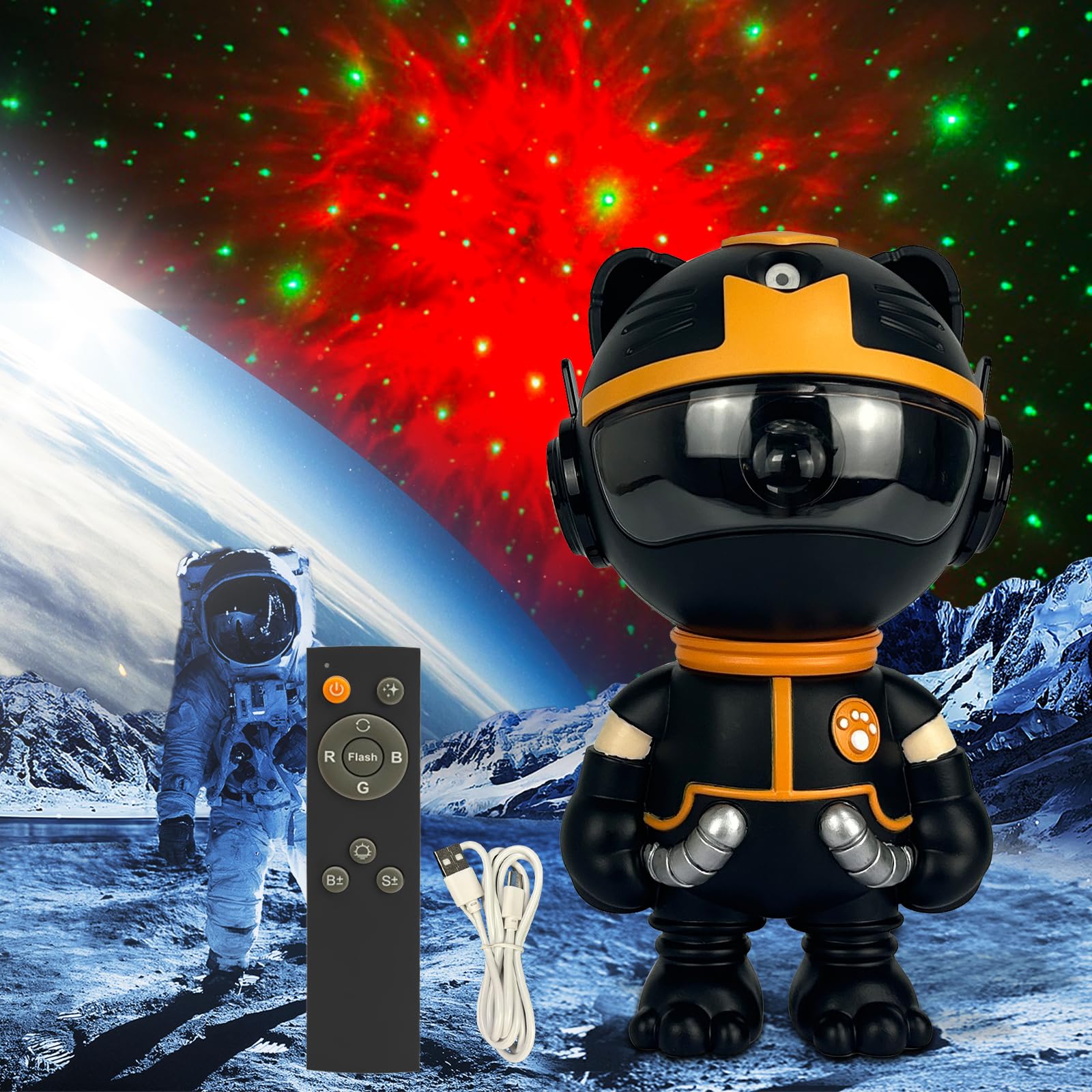 Lampada LED Gatto Astronauta Proiettore Stelle,Proiettore Lampada LED Ricaricabile per Bambini Girevole a 360°,Luce Notturna Neonato Soffitto Con 12 Effetti Di Luce,Telecomando,Cavo Dati USB