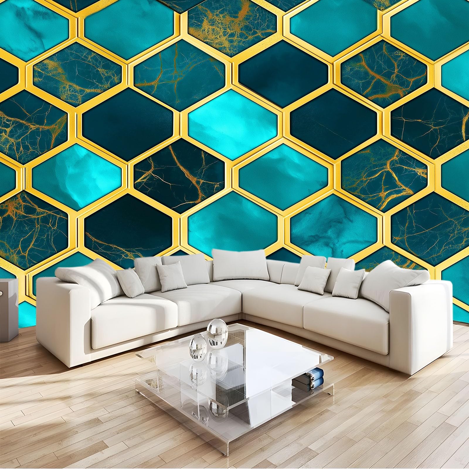 Geometryczny sześciokątny plaster miodu tekstura panoramiczna tapeta dla chłopców dziewcząt, 250 x 175 cm cyjan gigantyczny plakat ścienny 3D, dekoracja ścienna premium do salonu, pokoju dziecięcego