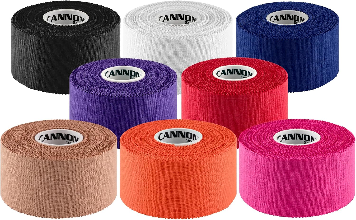 Cannon Sports Premium Athletic Tape - 1.5” x 45 Feet Per Roll - Easy Tear, No Sticky Residue, Very Strong, Hypoallergenic, Latex Free - Pack of 8 (White-Black-Pink-Purple-Blue-Natural-Red-Orange)