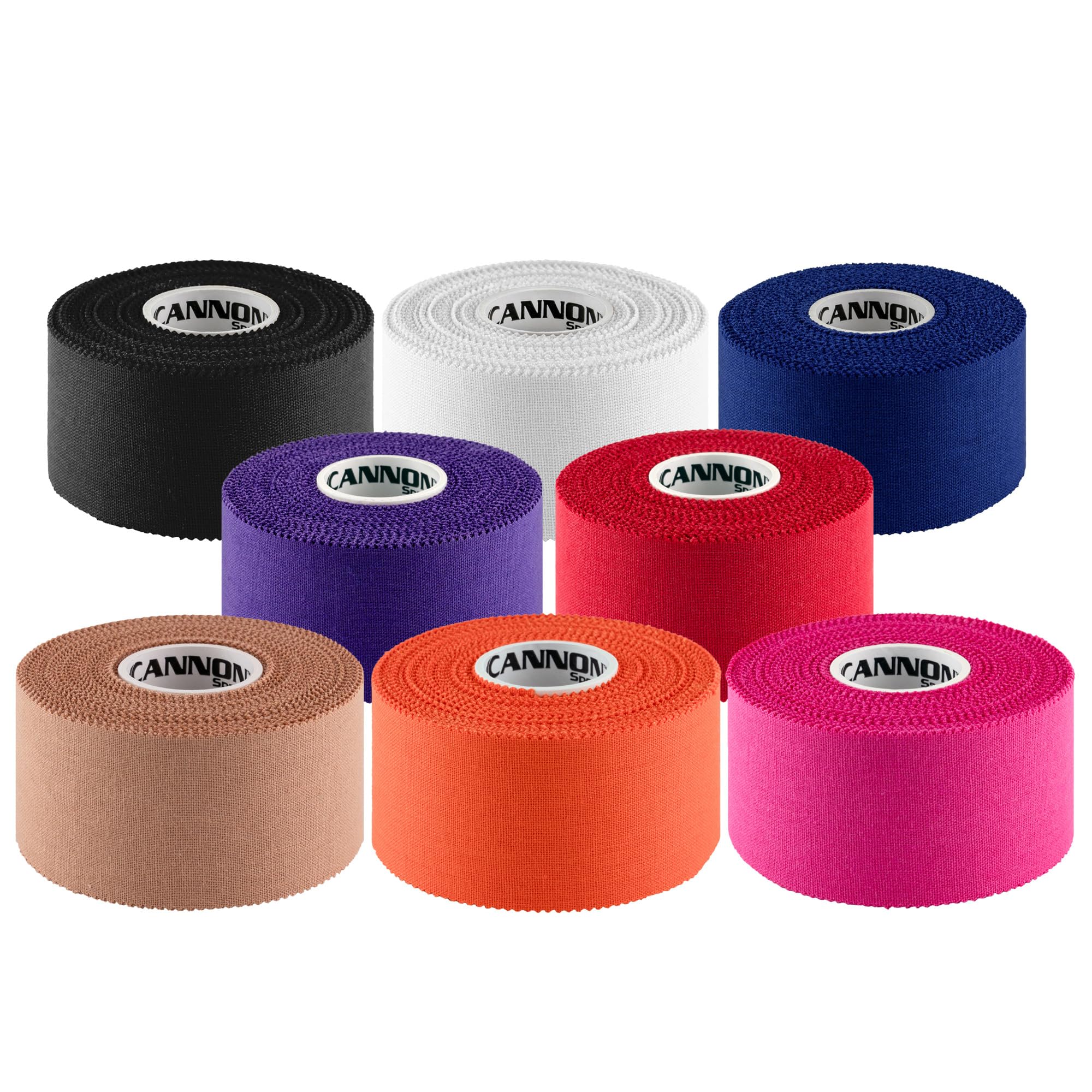 Cannon Sports Cinta atlética de alta calidad, 1.5 pulgadas x 45 pies por rollo, fácil de rasgar, sin residuos pegajosos, muy fuerte, hipoalergénica, sin látex, paquete de 8 (blanco, negro, rosa