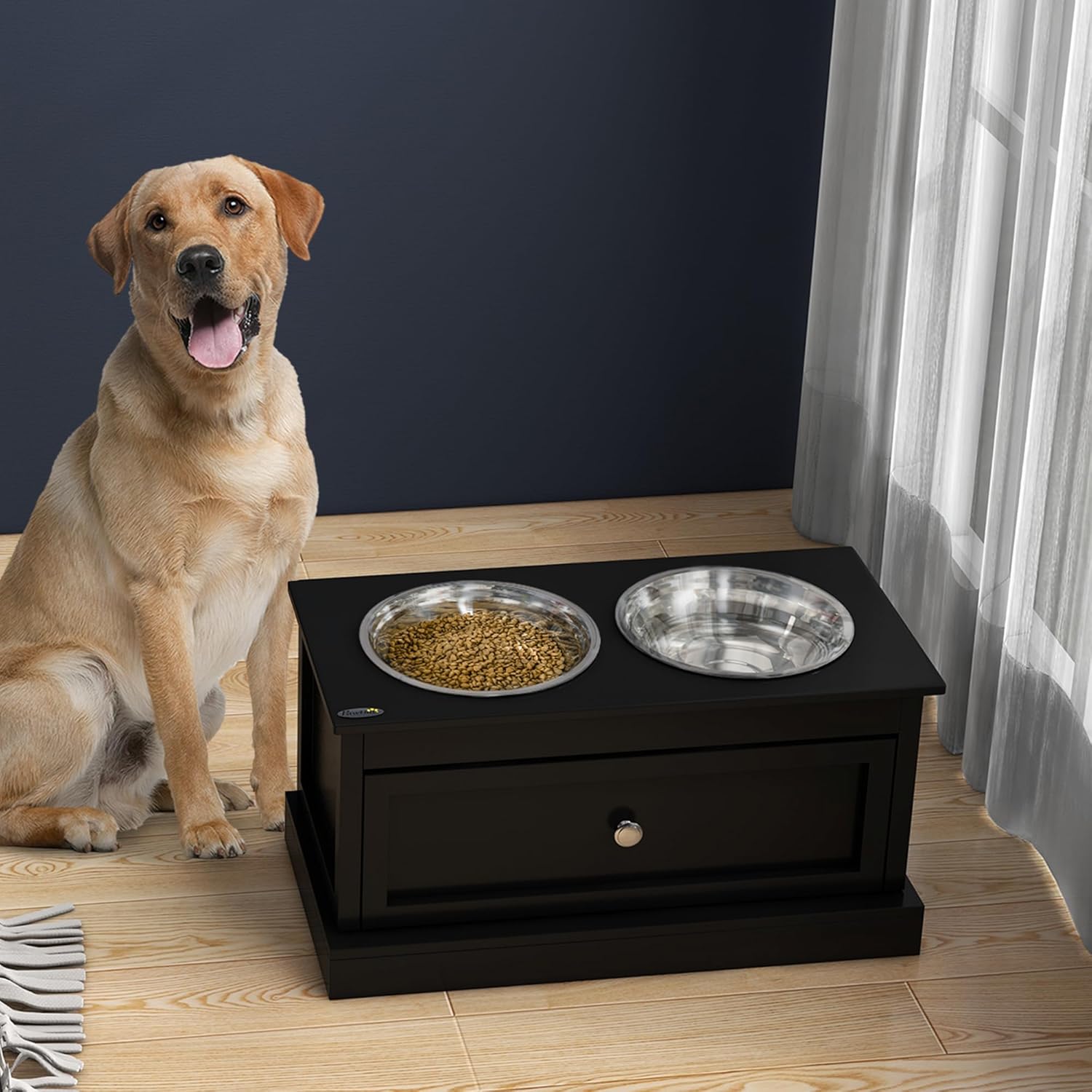 PawHut Large Elevated Dog Bowls with Storage Drawer - 11L Capacity, Raised Dog Bowl Stand Feeding Station, Black