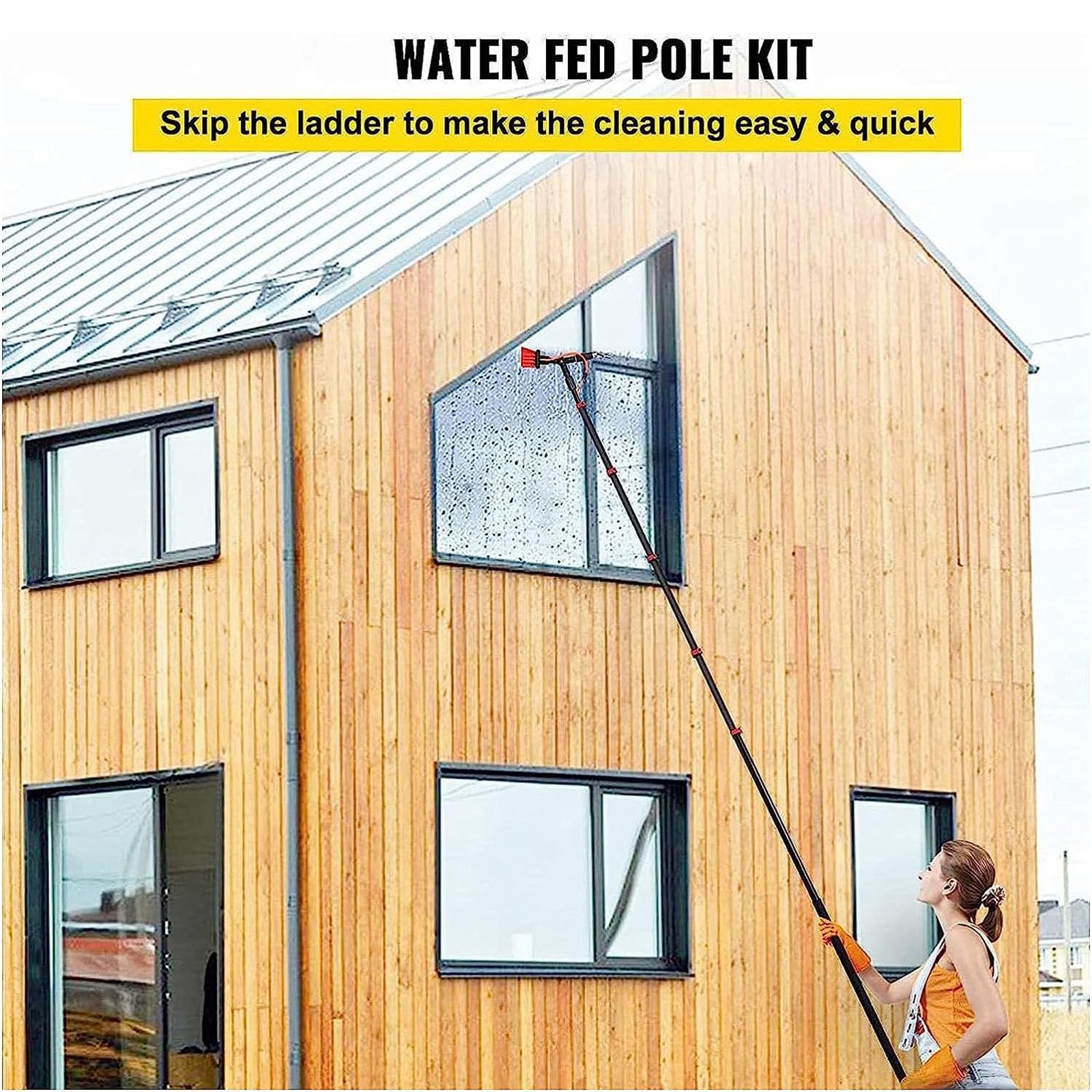 Asta telescopica per la pulizia delle finestre con spazzola alimentata ad acqua, portata di 9,1 m, per tetti di verande, pannelli fotovoltaici e camion, kit professionale per la pulizia dei vetri (6 m