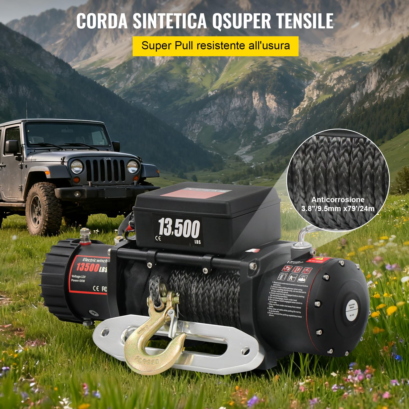 Verricello Elettrico 12 V 13500lb/6123kg CC con Cavo, IP68 Verricello Elettrico con 24m Corda Sintetica e Telecomando wireless×2, per carri rimorchi, fuoristrada, 4 x 4 veicoli,Traino UTV ATV