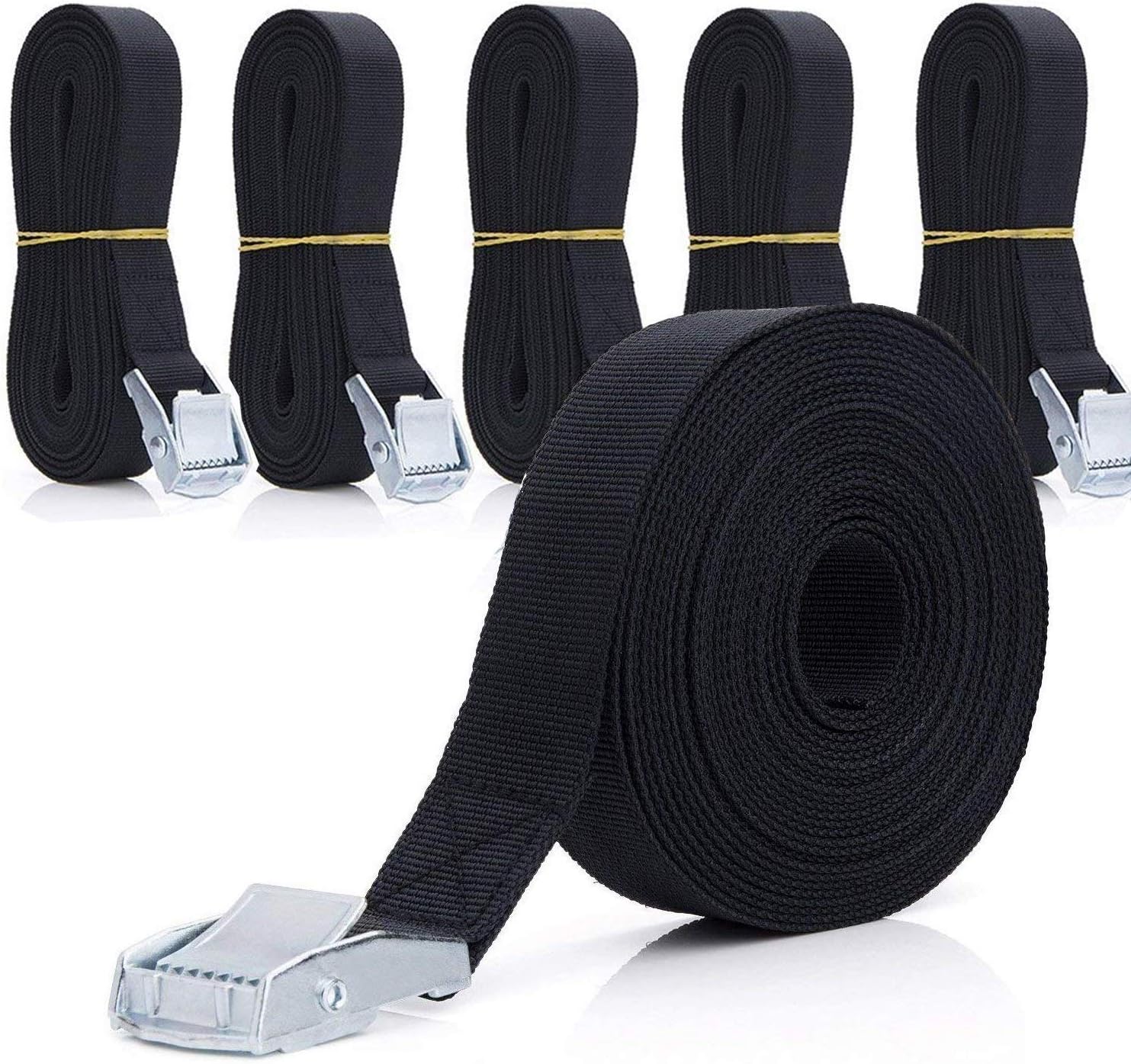 ASelected 5m Long Lashing Straps 6 Pack - Trailer Tie Down, Car Roof Rack Cam Buckle With Clips - Black Heavy Duty Tensioning Belts for Fixed Cargoes, Kayaks, Luggage