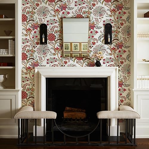 Miniatura 4 de JiffDiff Papel tapiz floral de 17.7 x 19.68 pies, papel tapiz botánico rojo para dormitorio, baño, papel tapiz de cachemira autoadhesivo extraíble