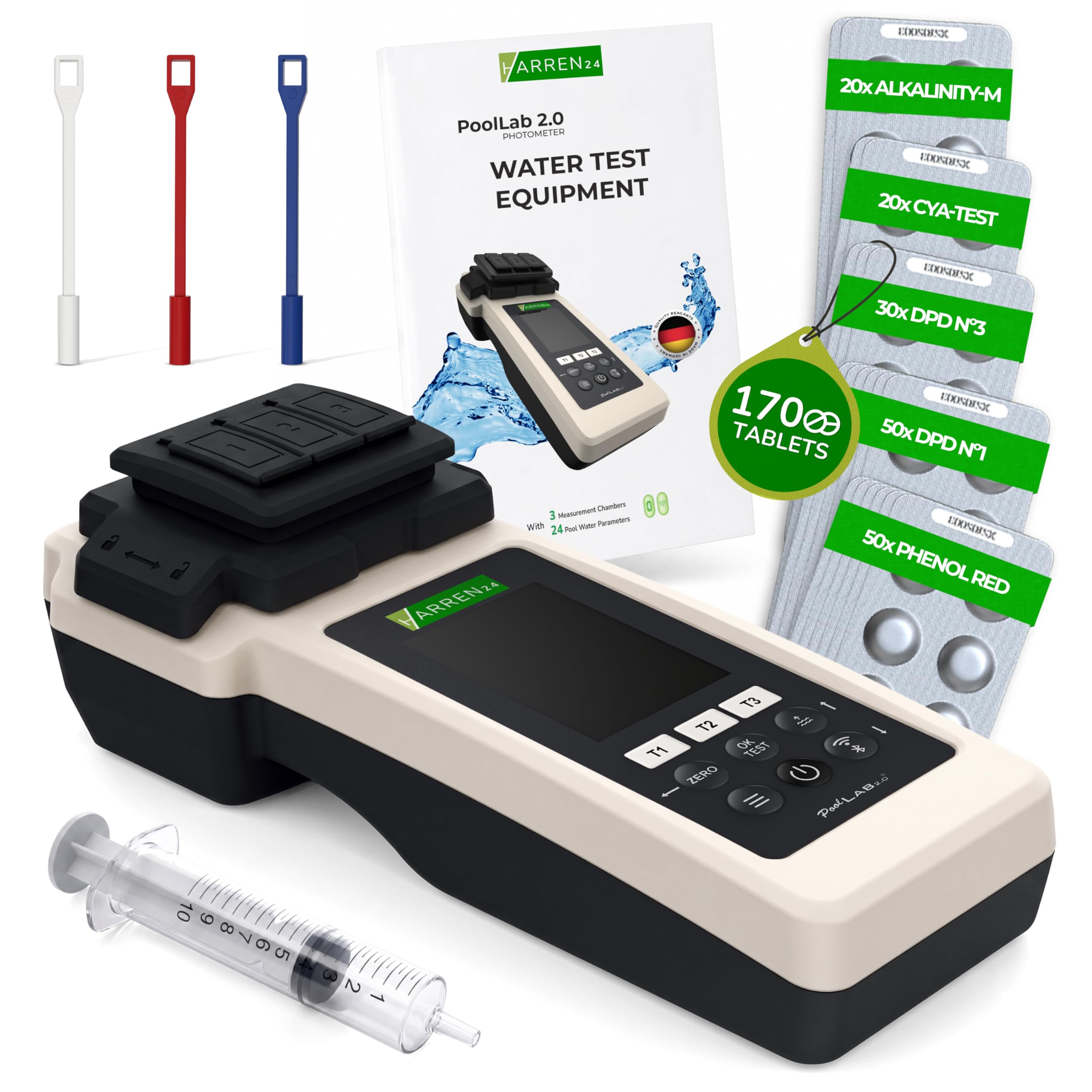 Poollab 2.0 Special Edition - Testeur électronique de piscine (photomètre) - 170 comprimés rouges de phénol pour test de la valeur du pH et du chlore - Accessoires de piscine (avec DPD1,