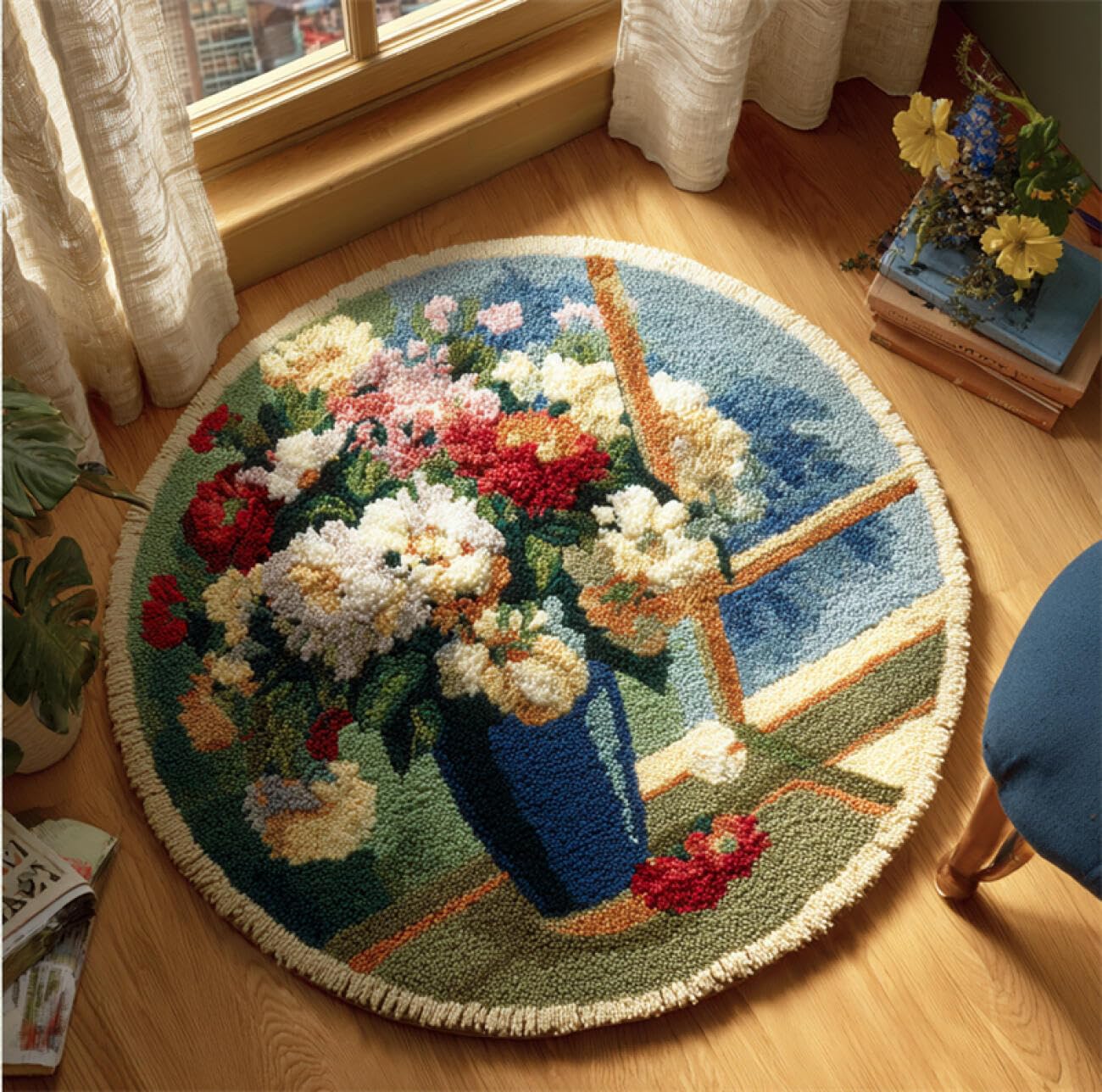 Kitquiver Latch Hook Kit Flowers in A Vase Latch Hook Kit for Beginners，Tapestry Carpet Latchs Set for Adults Self Knotting Set DIY Craft Kits 50x50cm