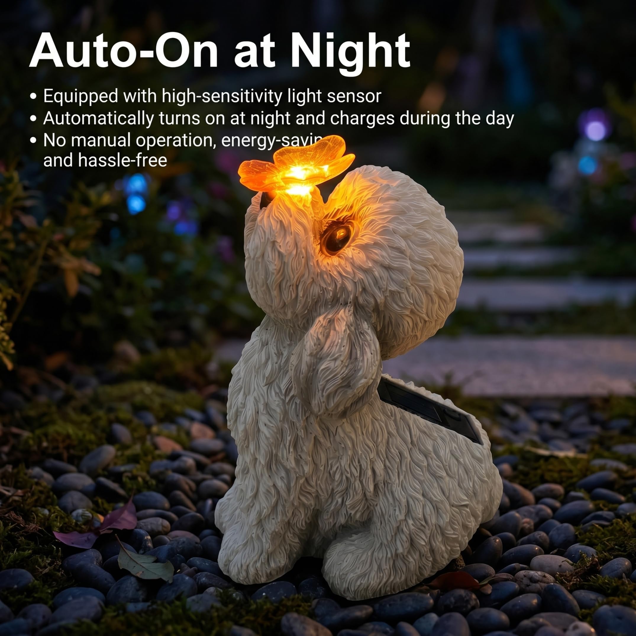 Estatuas de Perros al Aire Libre, Estatua de jardín Solar, estatuilla de Perro de Peluche Blanco con luz LED de Mariposa - Decoración de Patio y Patio al Aire Libre.