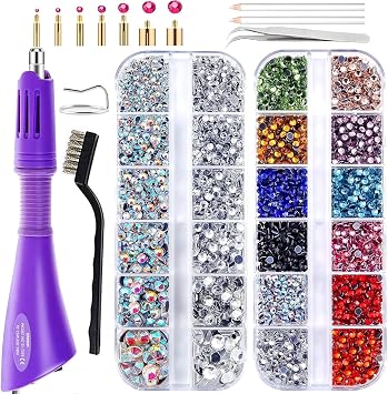 Hot Fix Tool Rhinestone applicator with 4000 Gems for Clothes Fabric Leather Hotfix Bedazzled Kits with 7 Tips Stand Manual Tweezers Picker Perfect for Adding Sparkle to Craft Projects