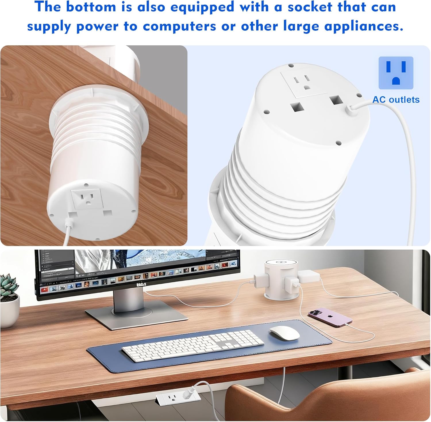 Pop Up Outlet for Countertop with 15w Wireless Charger, 4.7-Inch Pop Up Outlet with 4 Outlets and 2 USB-A, 1 USB-C, Pop Up Power Outlet for Kitchen Countertop, Conference Room, Study Room (White)