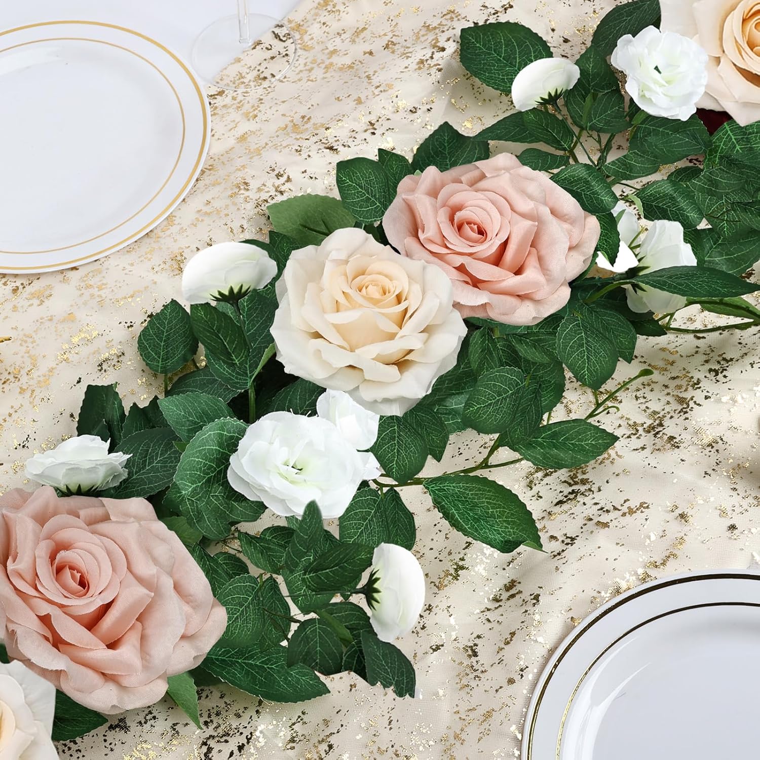 Pack of 2 Artificial Rose Garlands, 5.9 FT Flower Floral Vine for Wedding Arch Aisle Mantle Table Runner Centerpieces Backdrop Patio Decorations - Champagne & Pink