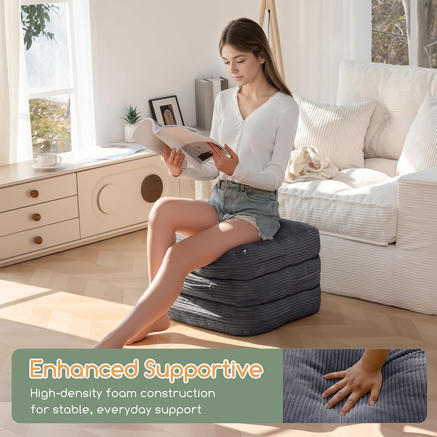 HIGOGOGO Pouf Ottoman Stuffed Square Modern Foam Filled Foot Rest Poufs 20 X 18 Inches Modular Ottomans Separated Into Floor Cushions for Living Room Chair Decorative Stool, Dark Grey